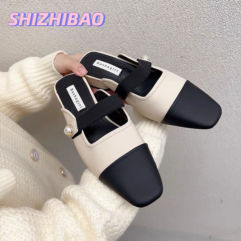 Shizhibao Dép Muller Gót Nhỏ Không Gót Phối Màu Phong Cách Pháp Cho Nữ