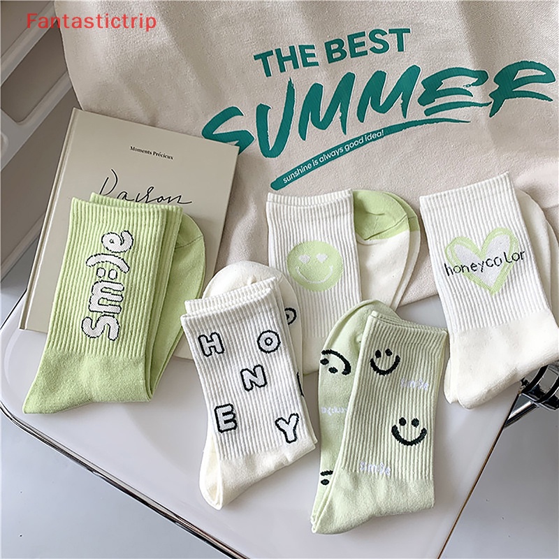 1 Đôi Vớ Cotton Thoáng Khí In Hình Mặt Cười Màu Xanh Lá Dễ Thương Thời Trang Cho Nữ