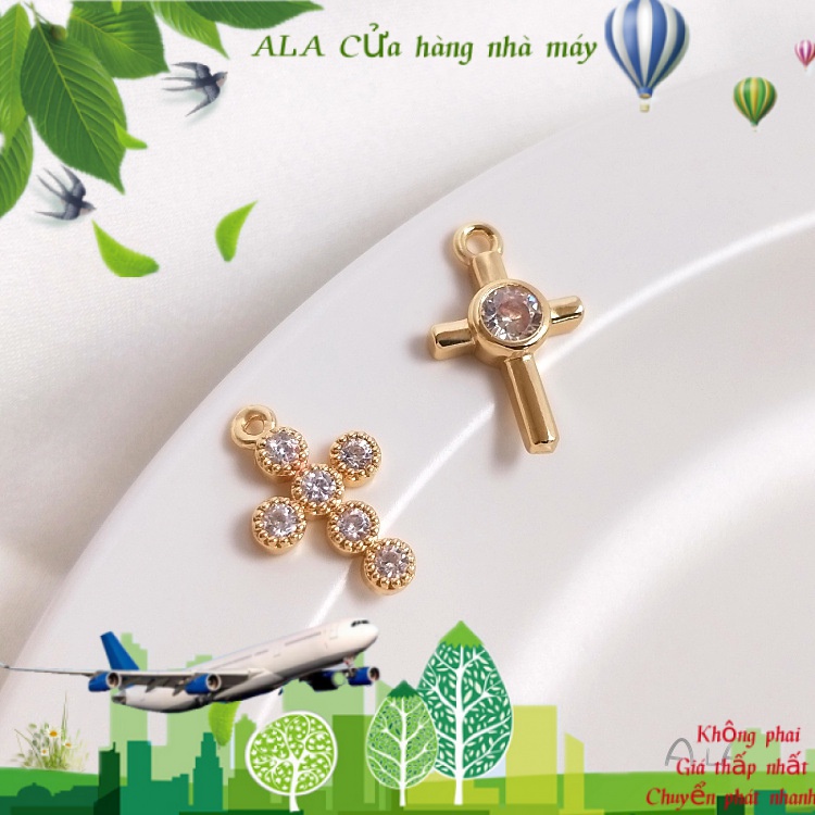💖Trang sức DIY phụ kiện💖Dây Chuyền Mạ Vàng 14k Mặt Thánh Giá Đính Đá Zircon Nhiều Màu Sắc