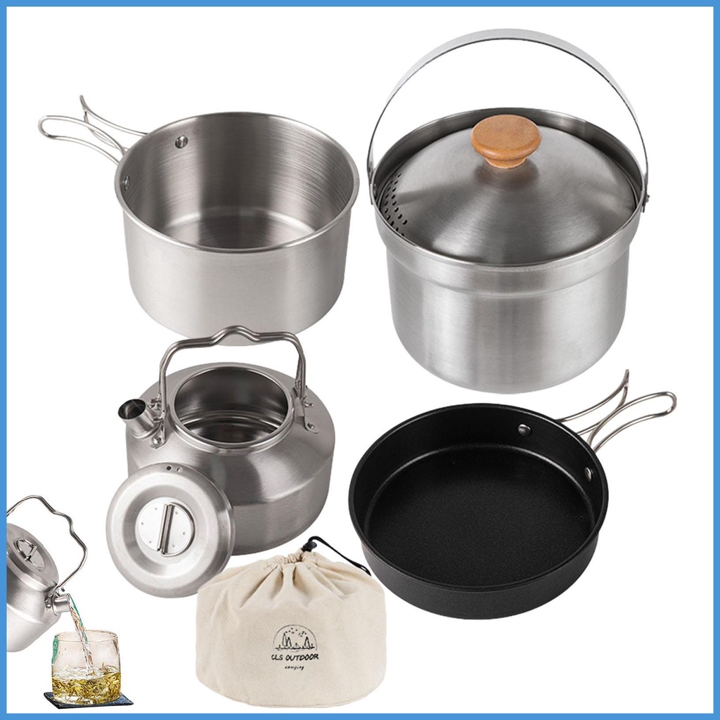 Bộ 4 Dụng Cụ Nấu Ăn Không Dính Bằng Thép Không Gỉ Tiện Dụng Mang Theo Du Lịch Cắm Trại