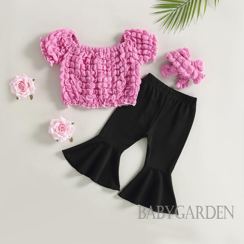 Set Áo Thun Tay Ngắn Cổ Tròn + Quần Dài Ống Loe + Băng Đô Cài Tóc Màu Trơn Dễ Thương Cho Bé Gái 1-5 Tuổi