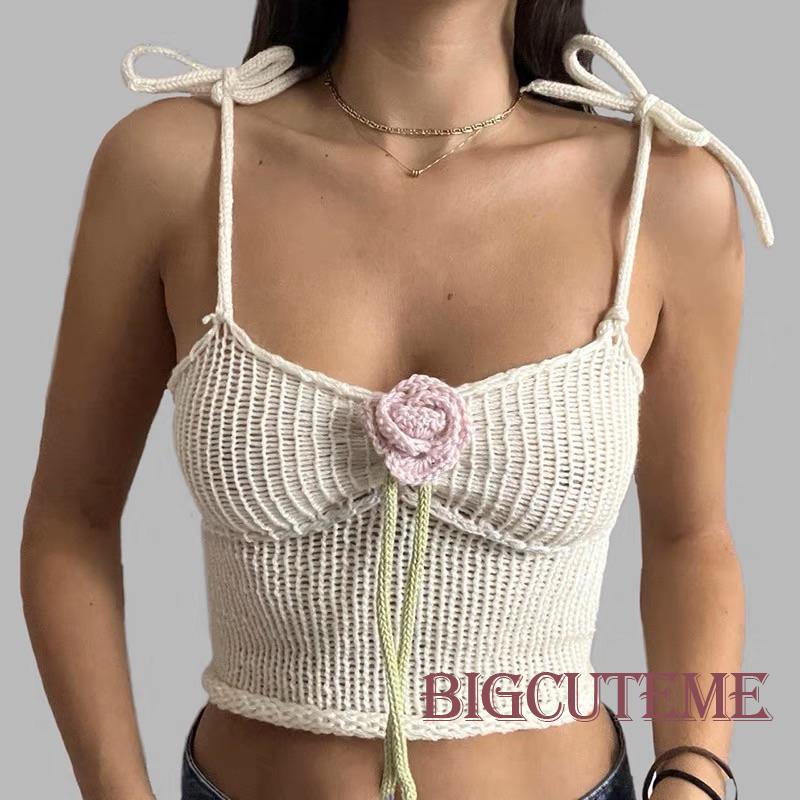 Áo Croptop Dệt Kim Không Tay Màu Be Trang Trí Hoa Hồng Thời Trang Mùa Hè Cho Nữ