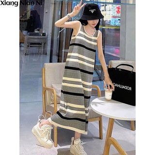 Đầm dệt kim XIANG NIAN NI hai dây ôm dáng dài vừa vặn họa tiết kẻ sọc không tay cao cấp cho nữ