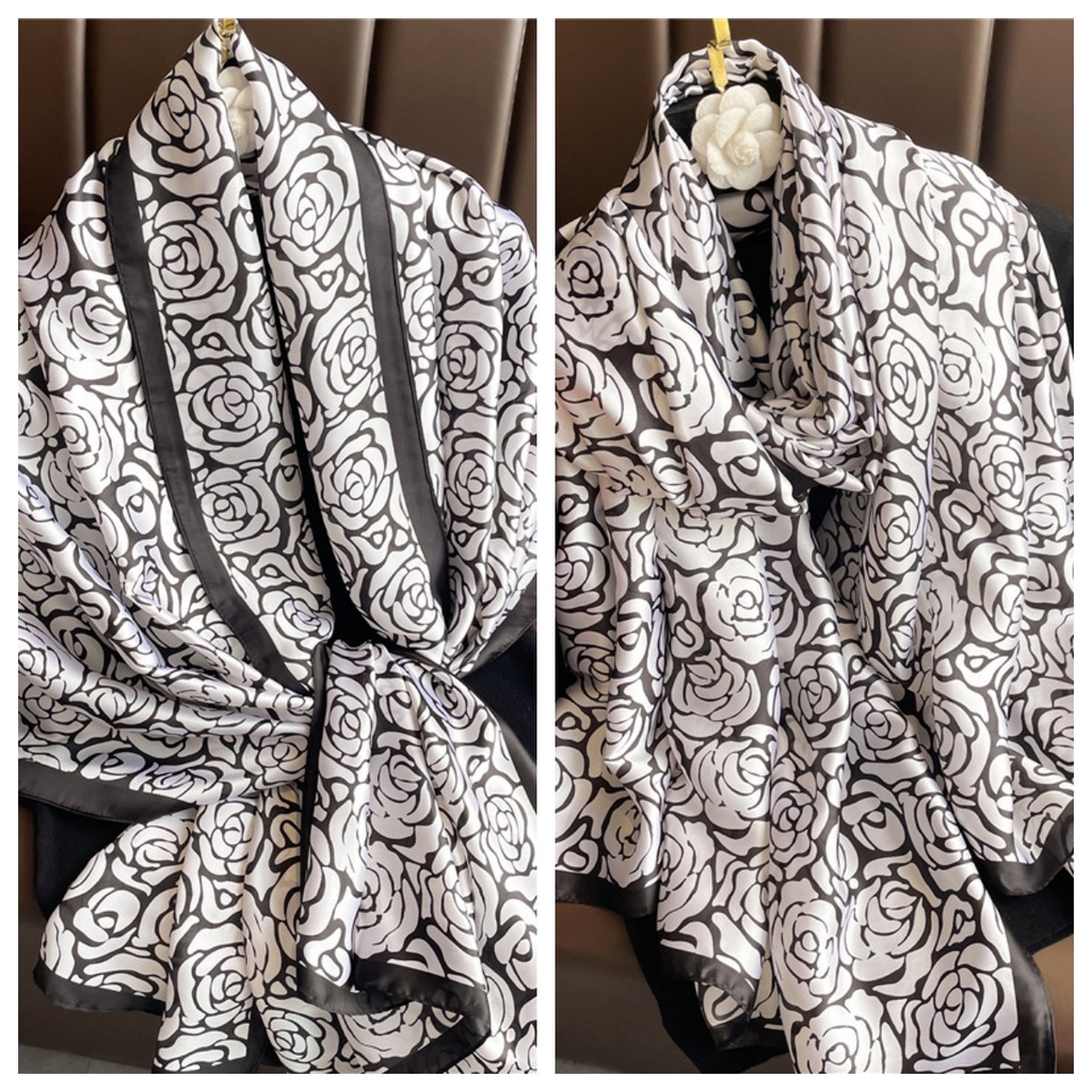 Khăn Quàng Cổ Chống Nắng Bằng Lụa Kích Thước Lớn 180 * 90CM In Họa Tiết Hoa Hồng Sang Trọng