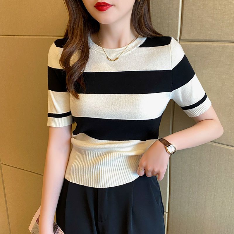 Áo Thun Lụa Lạnh Mỏng Tay Ngắn Dáng Ôm Họa Tiết Kẻ Sọc Thời Trang Mùa Hè Hàng Mới Dành Cho Bạn Nữ