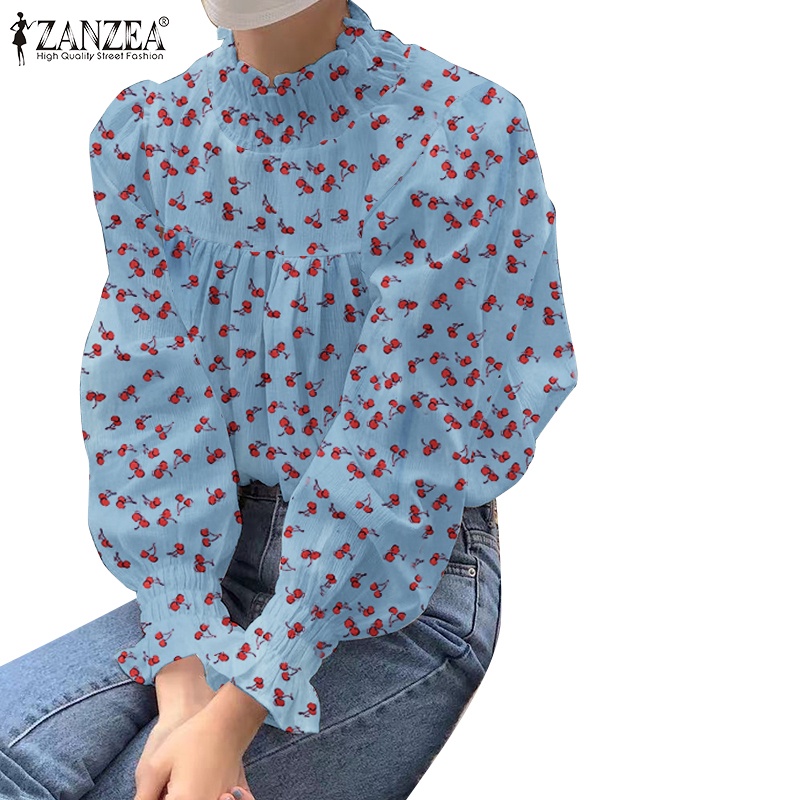 ZANZEA Áo Kiểu Dài Tay Cổ Cao Họa Tiết Trái Cherry Thời Trang Nữ Tính