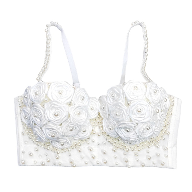 Áo Lót Hai Dây Mỏng Màu Trơn Đính Hạt Ngọc Trai / Hoa Hồng 3D Xinh Xắn Cho Nữ