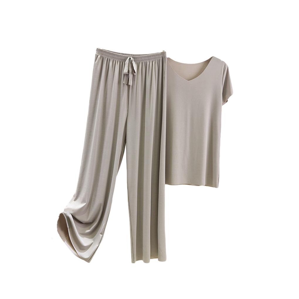 Bộ Đồ Ngủ Vải Lụa Lạnh Mềm Mại Cổ V Lưng Thun Thoải Mái Thời Trang Mùa Hè Cho Nữ