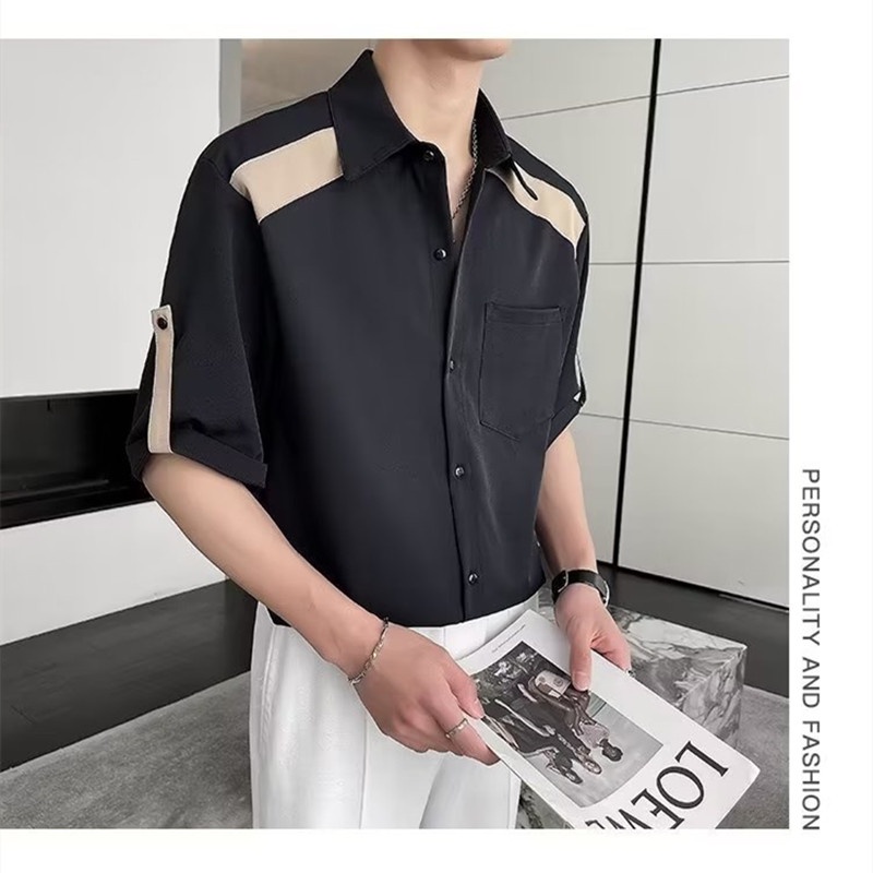 Áo Sơ Mi Tay Ngắn Cổ Đứng Họa Tiết Kẻ Sọc Phong Cách Hàn Quốc Thời Trang Mùa Hè 2023 Cho Nam