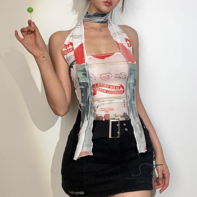 Áo Hai Dây Dáng Ngắn In Họa Tiết Trái Tim / Chữ Phong Cách Cổ Điển Thời Trang Mùa Hè CY03