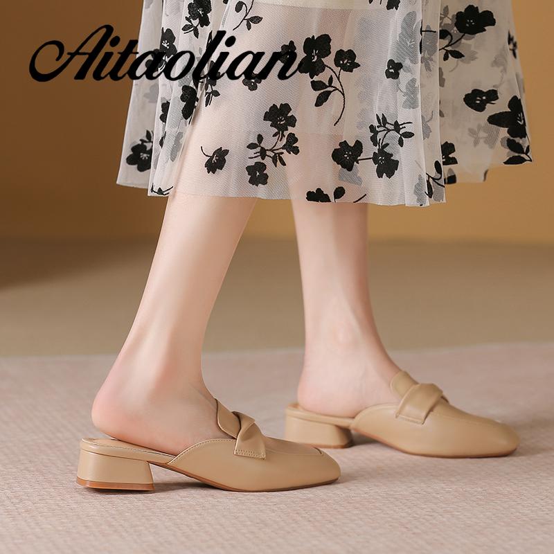 Dép Da Mềm Cao Gót 4cm Mũi Tròn Thời Trang Cho Nữ