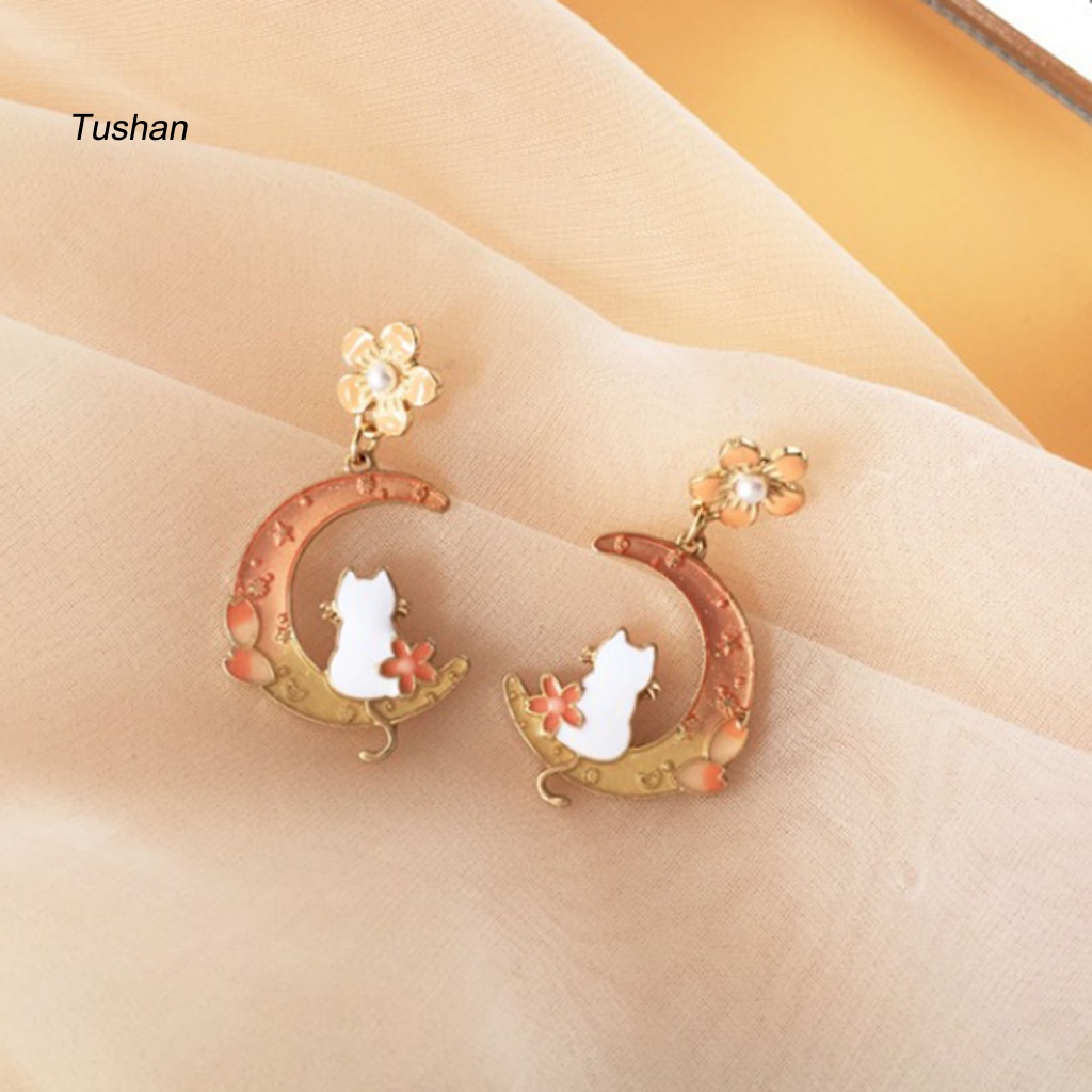 1 Đôi Bông Tai Xỏ Lỗ Mạ Điện Họa Tiết Hoa / Mặt Trăng / Thỏ Dễ Thương Dành Cho Nữ