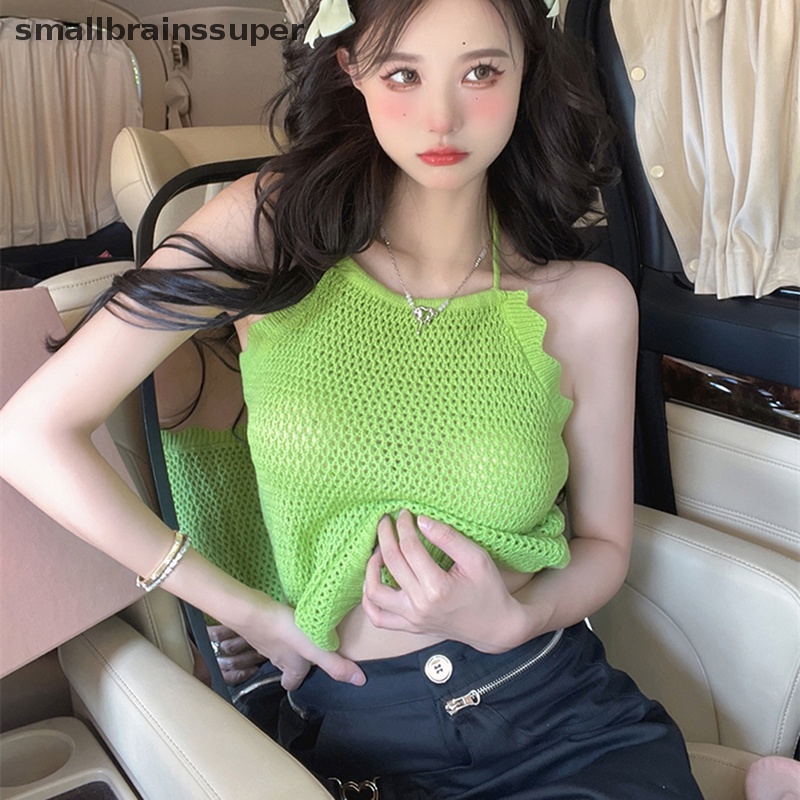 Áo Hai Dây Dệt Kim Màu Trơn Khoét Lỗ Thời Trang Mùa Hè Quyến Rũ Cho Nữ SBS