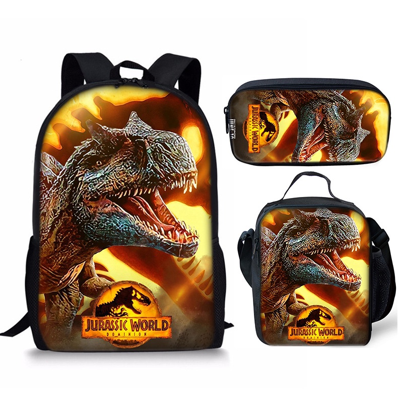 Set 3 Món Túi Đựng Bút / Túi Xách / Túi Đựng Đồ Ăn Trưa Họa Tiết Jurassic World Cho Bé Ốp