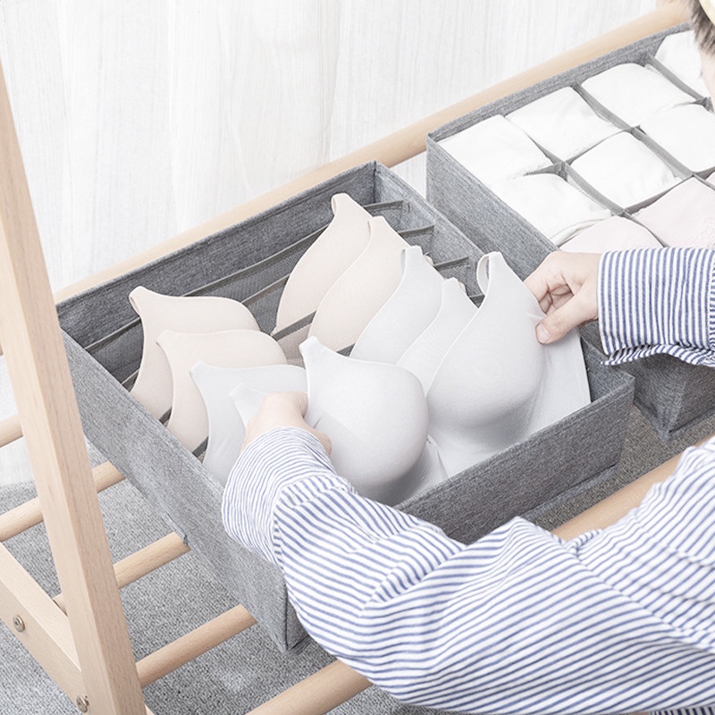 (Giặt được) Hộp đựng đồ lót tất vớ, chia ô thang, vải Oxford, khung tấm PP đứng form vải