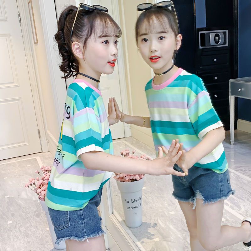 Áo Thun Tay Ngắn Họa Tiết Kẻ Sọc Bằng Vải Cotton Thời Trang Mùa Hè 2023 Dành Cho Bé Gái