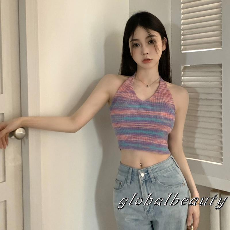 Áo Croptop Dệt Kim Không Tay Cột Dây Sau Lưng In Họa Tiết Kẻ Sọc Cho Nữ