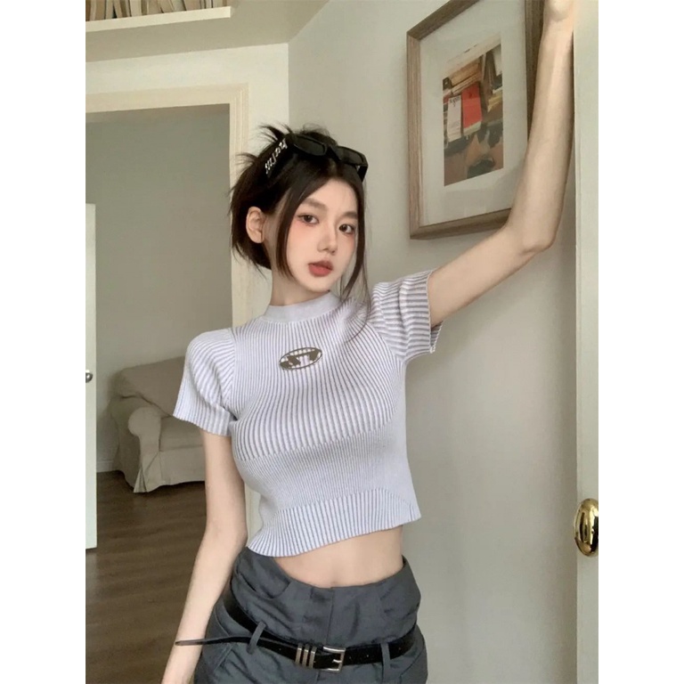 Áo Dệt Kim Mỏng Ngắn Tay Dáng Ôm Họa Tiết Kẻ Sọc Thời Trang Mùa Hè Cho Nữ