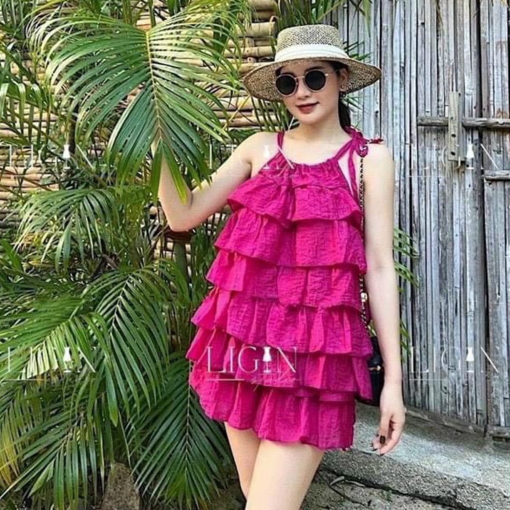 Sét bộ nữ 2 món áo dây cổ yếm kèm quần đùi lưng thun kiểu phối tầng chất vải Voan Free Size