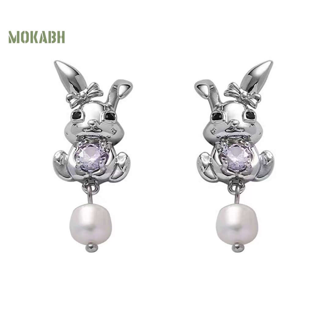 1 Đôi Bông Tai Hình Thỏ Đính Ngọc Trai Giả Bằng Kim Loại Không Gây Dị Ứng Thời Trang