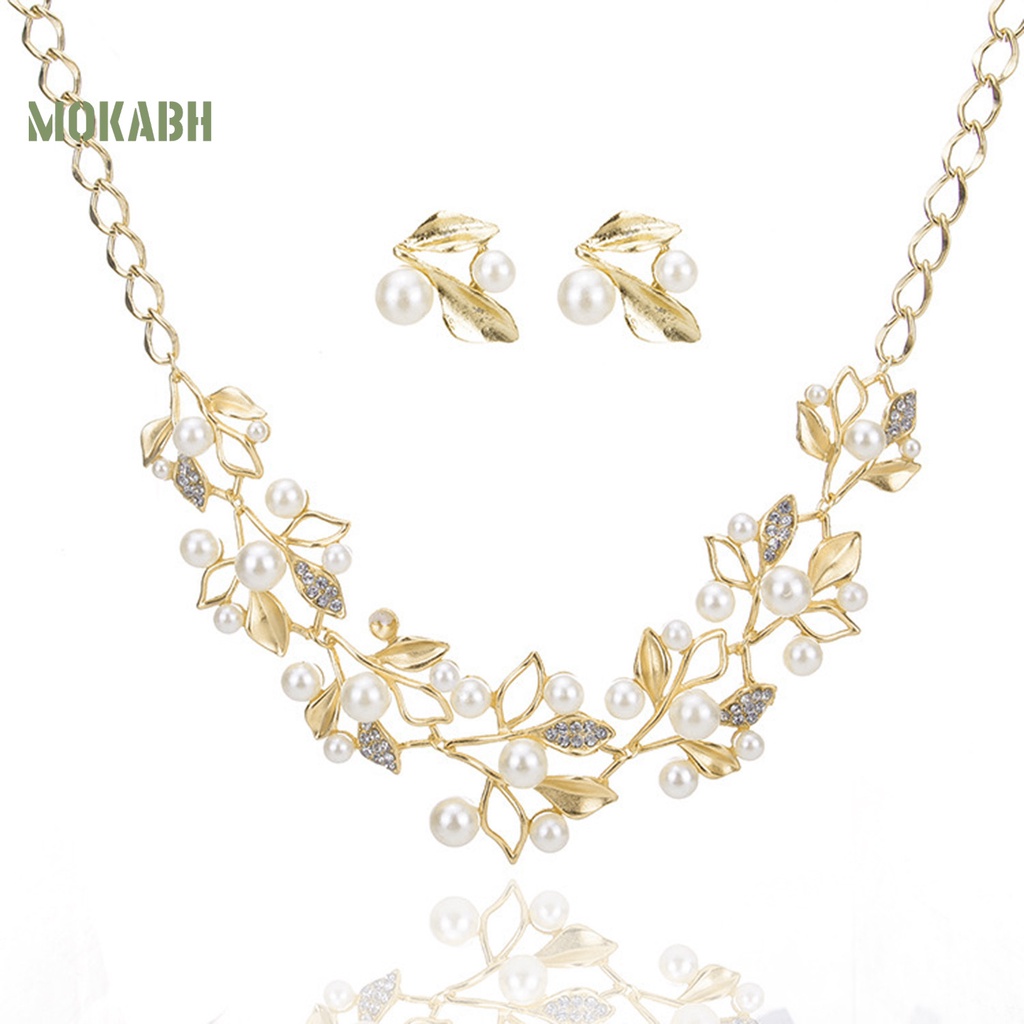 1 Bộ Vòng cổ + Bông Tai Hình Chiếc Lá Đính Đá &amp; Ngọc Trai Giả Sang Trọng