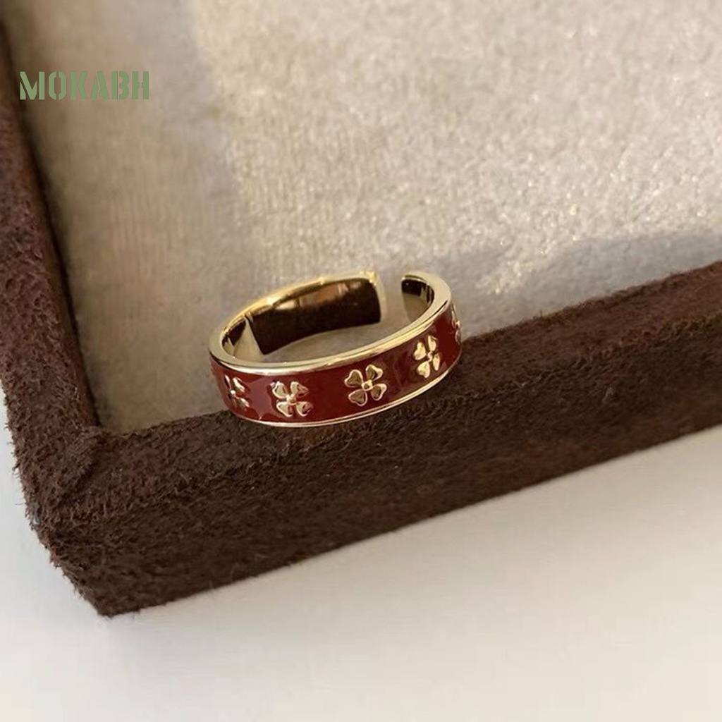 [Mới] Nhẫn Dạng Mở Hình Cỏ Bốn Lá Bằng Kim Loại Tráng Men Màu Đỏ Thanh Lịch Có Thể Điều Chỉnh Kích