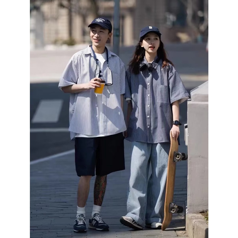 Áo Sơ Mi Tay Ngắn Dáng Rộng Họa Tiết Kẻ Sọc Phong Cách Retro Nhật Bản Cao Cấp Cho Nam