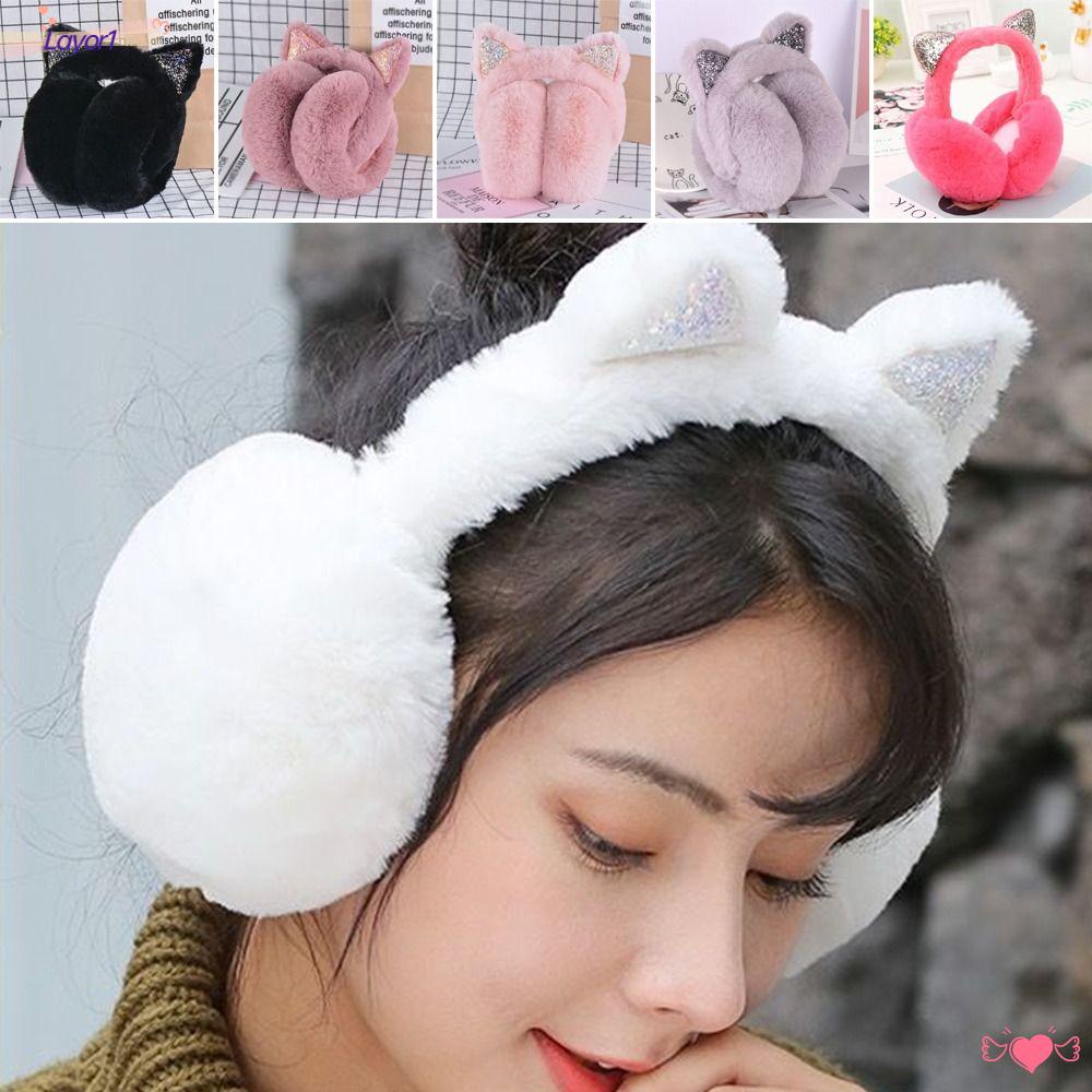 Bông Chụp Tai Hình Tai Mèo Phủ Lông Mềm Mại Chống Sương Mù Đính Kim Sa Lấp Lánh Thời Trang Cho Nữ LAYOR1