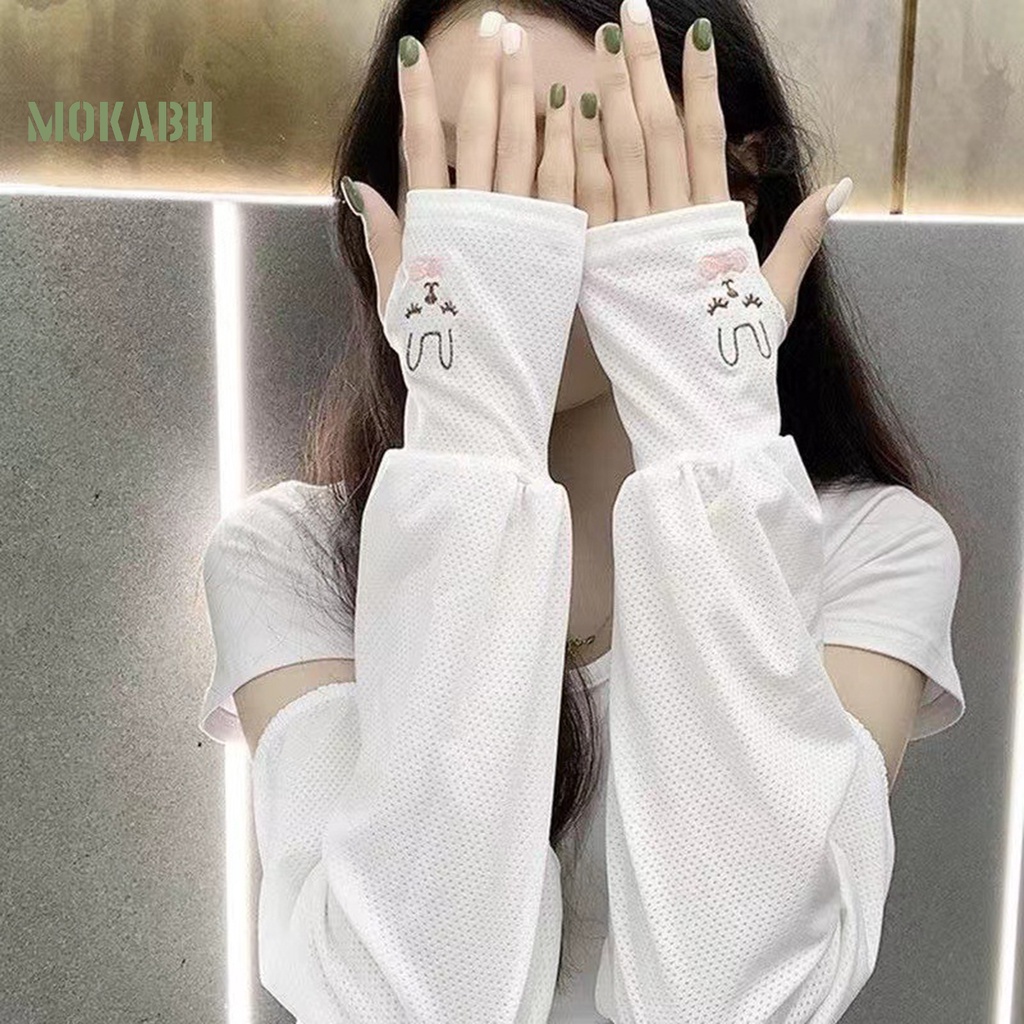 1 Cặp Găng Tay Chống Nắng Chống Trượt Bằng Lụa Lạnh Co Giãn Thêu Họa Tiết Thỏ