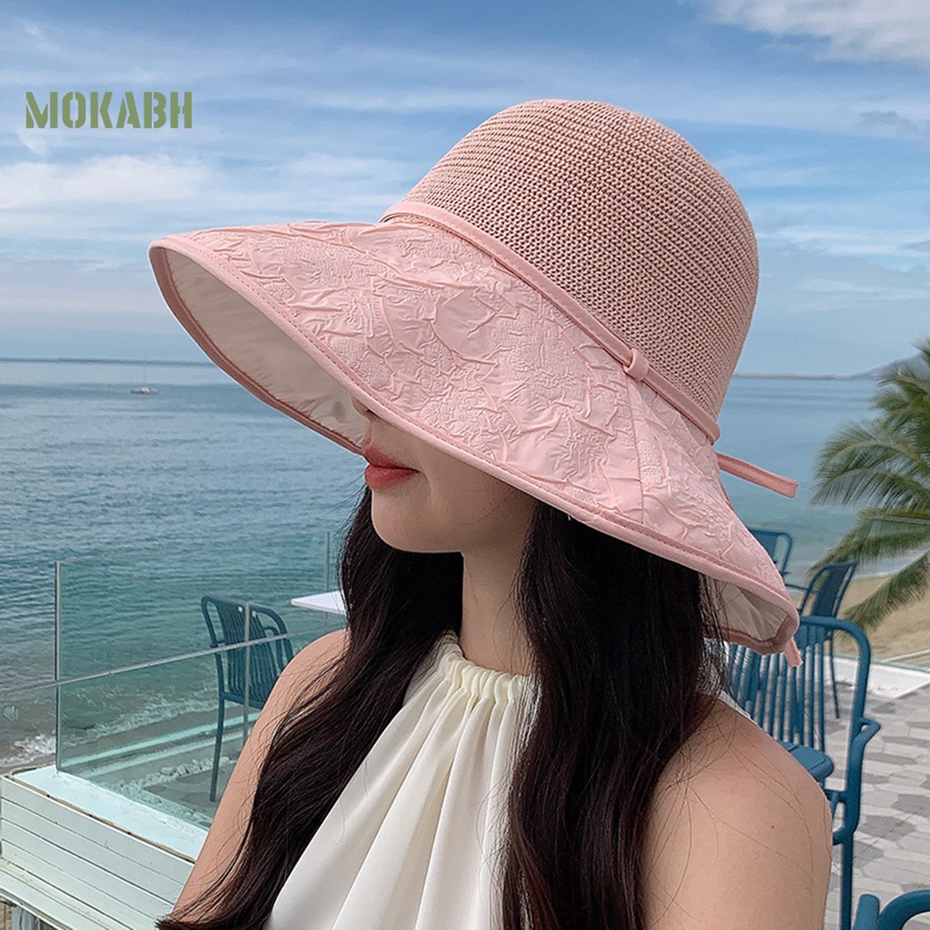 [Mok Abh] Mũ Ngư Dân Dệt Kim Vành Rộng Thắt Nơ Thoáng Khí Chống Nắng Đi Biển Mùa Hè Cho Nữ