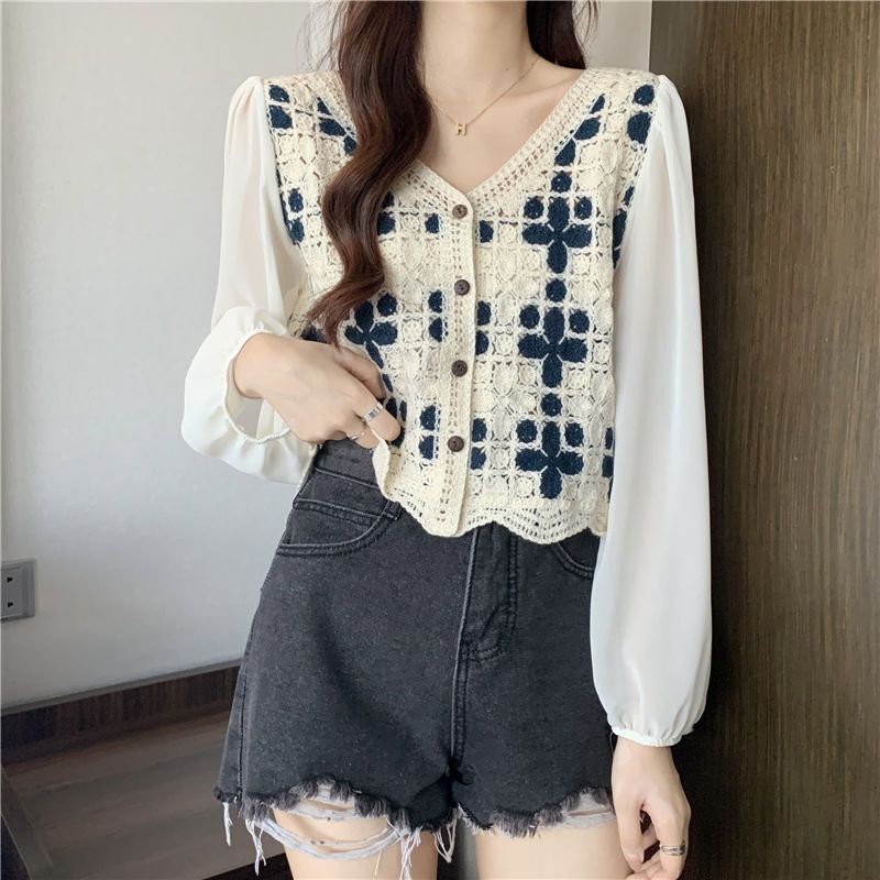 Áo Kiểu Tay Dài Phối Ren Thêu Hoa Phong Cách Thời Trang Mới Dành Cho Nữ