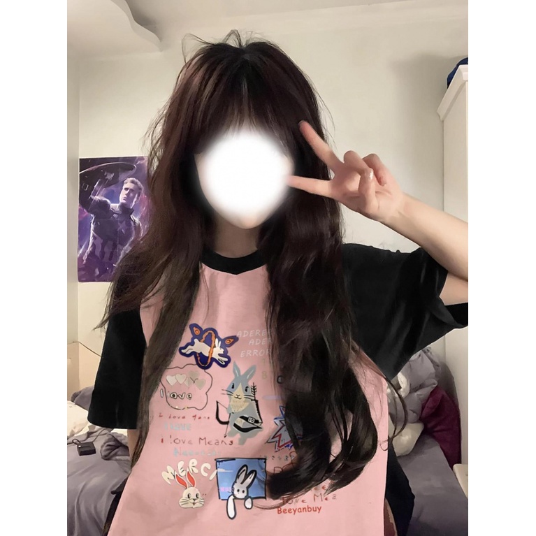 Áo Thun Raglan Tay Ngắn Dáng Rộng Màu Hồng Đen Thời Trang Mùa Hè Cho Nữ