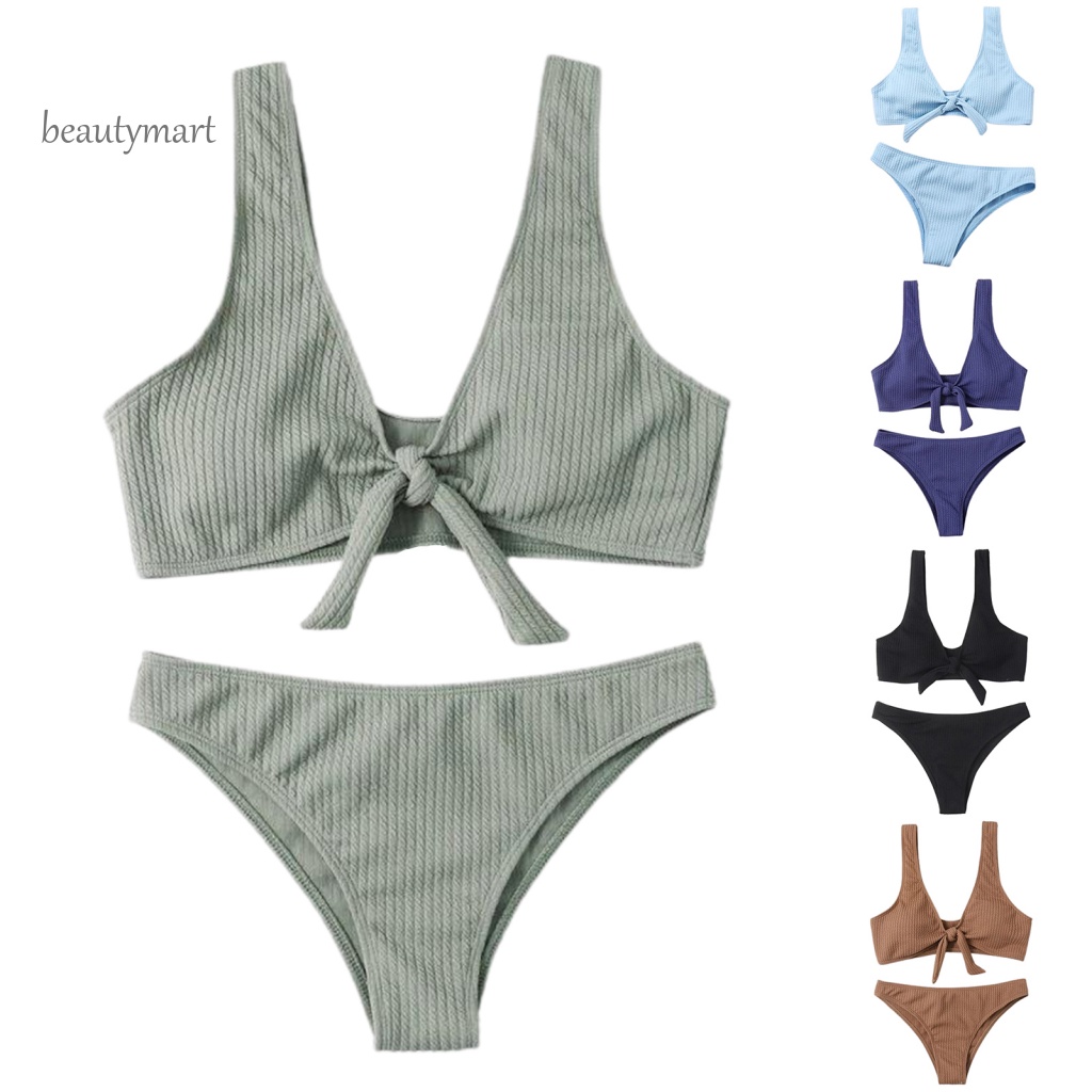 Bộ Đồ Bơi Hai Mảnh Màu Trơn Đính Nơ Co Giãn Dành Cho Nữ