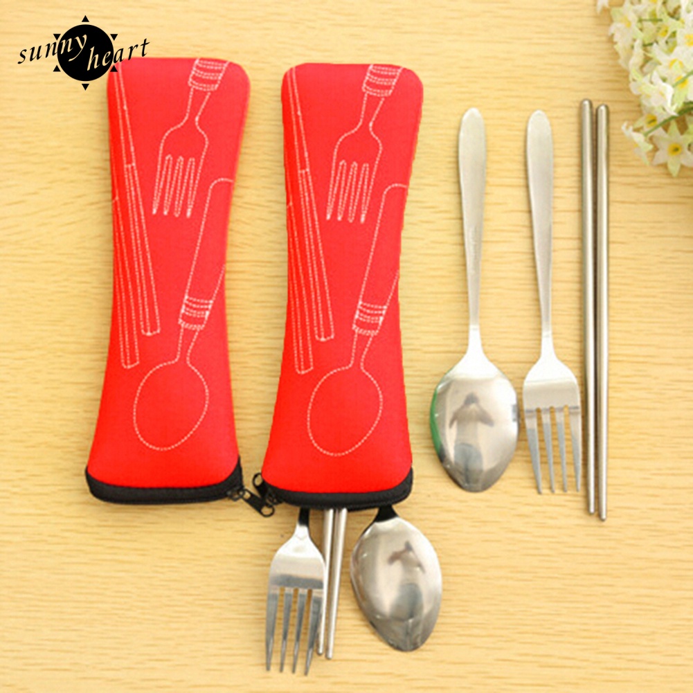 Set 3 Món Muỗng Nĩa Đũa Bằng Thép Không Gỉ Tiện Dụng Mang Theo Du Lịch