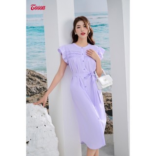 Đầm tím thô nhuyễn xếp bèo vai, eo thắt đai Limitted 40069T83 Toson
