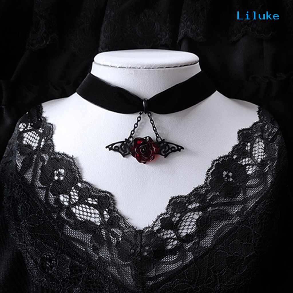 Vòng Cổ Choker Chất Liệu Nhung Màu Đen Trang Trí Cánh Dơi Hoa Hồng Đỏ Cá Tính Cho Nữ