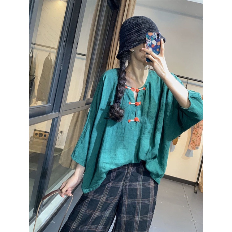 Áo Sơ Mi Vải Lanh cotton Dáng Rộng Màu Sắc Tương Phản Phong Cách Trung Hoa