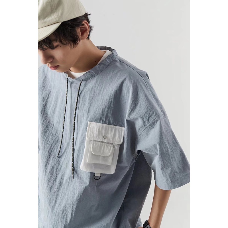 Áo Thun Tay Ngắn Dáng Rộng Phối Dây Rút Phong Cách Nhật Bản Thời Trang Mùa Hè Cho Nam