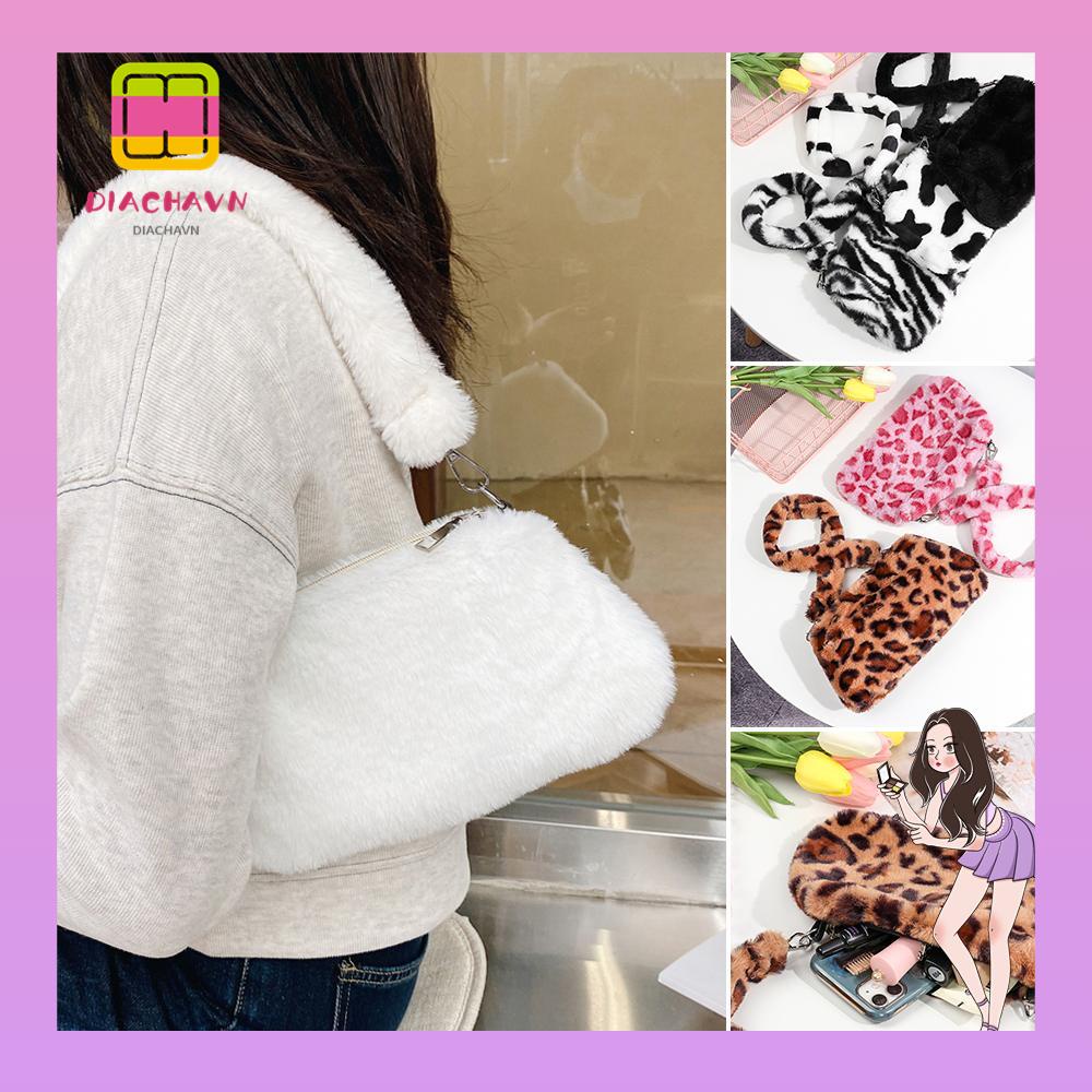 Túi Đeo Vai / Kẹp Nách Phủ Lông Họa Tiết Da Báo Thời Trang Cho Nữ