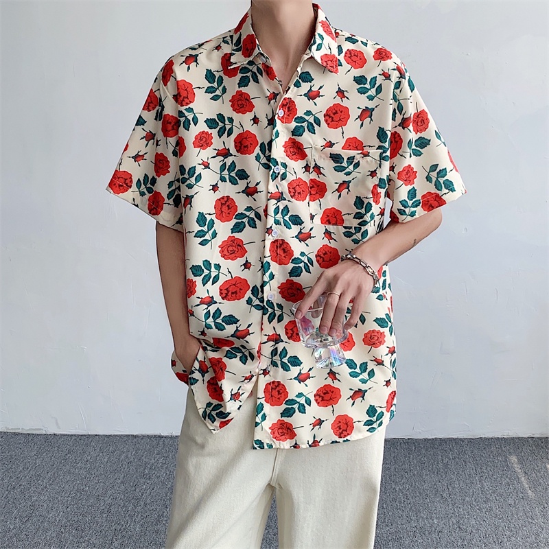 Áo Sơ Mi Ngắn Tay Dáng Rộng In Họa Tiết Hoa Thời Trang Harajuku Nhật Bản Cho Nam