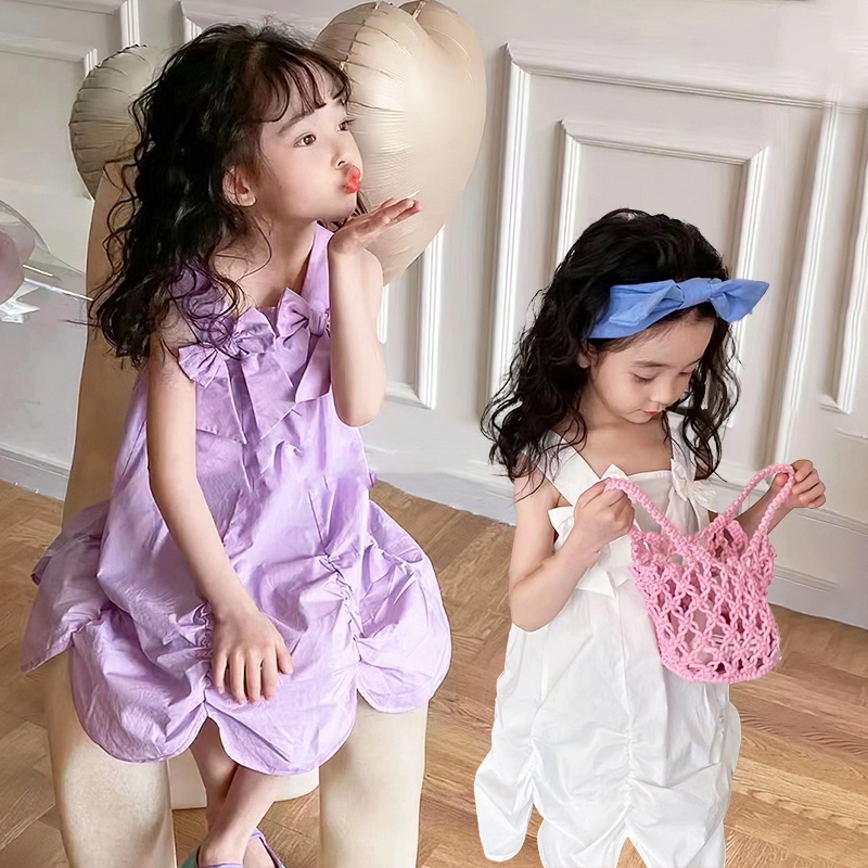 Đầm Hai Dây Phối Nơ Thời Trang Mùa Hè Xinh Xắn Dành Cho Bé Gái 2-7 Tuổi