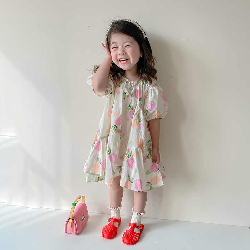 Đầm Tay Phồng In Hoa Phong Cách Hàn Quốc Xinh Xắn Cho Bé Gái 2-7 Tuổi