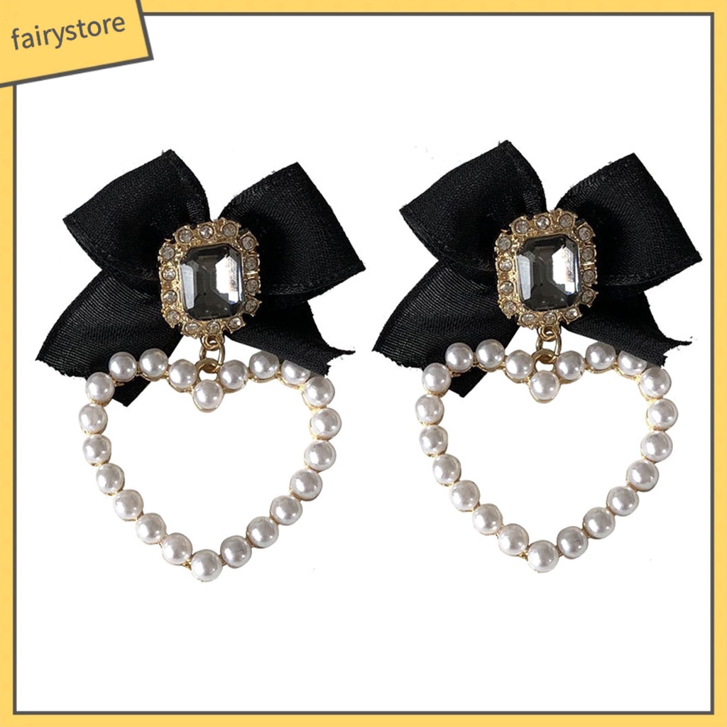 1 Đôi Bông Tai Hình Nơ Đính Ngọc Trai Giả Màu Đen Phong Cách Retro Dành Cho Nữ