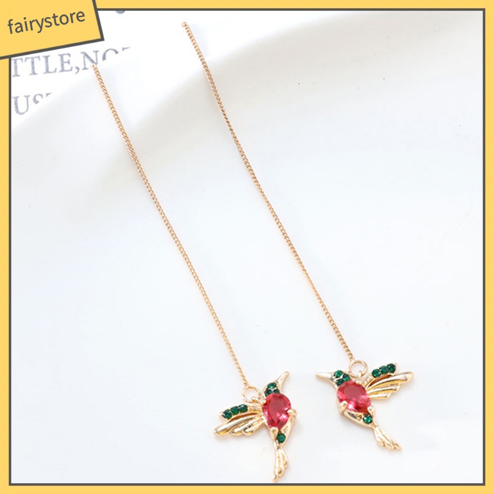 Bông Tai Dáng Dài Hình Chim Ruồi Đính Đá Phối Tua Rua Thời Trang Cho Nữ