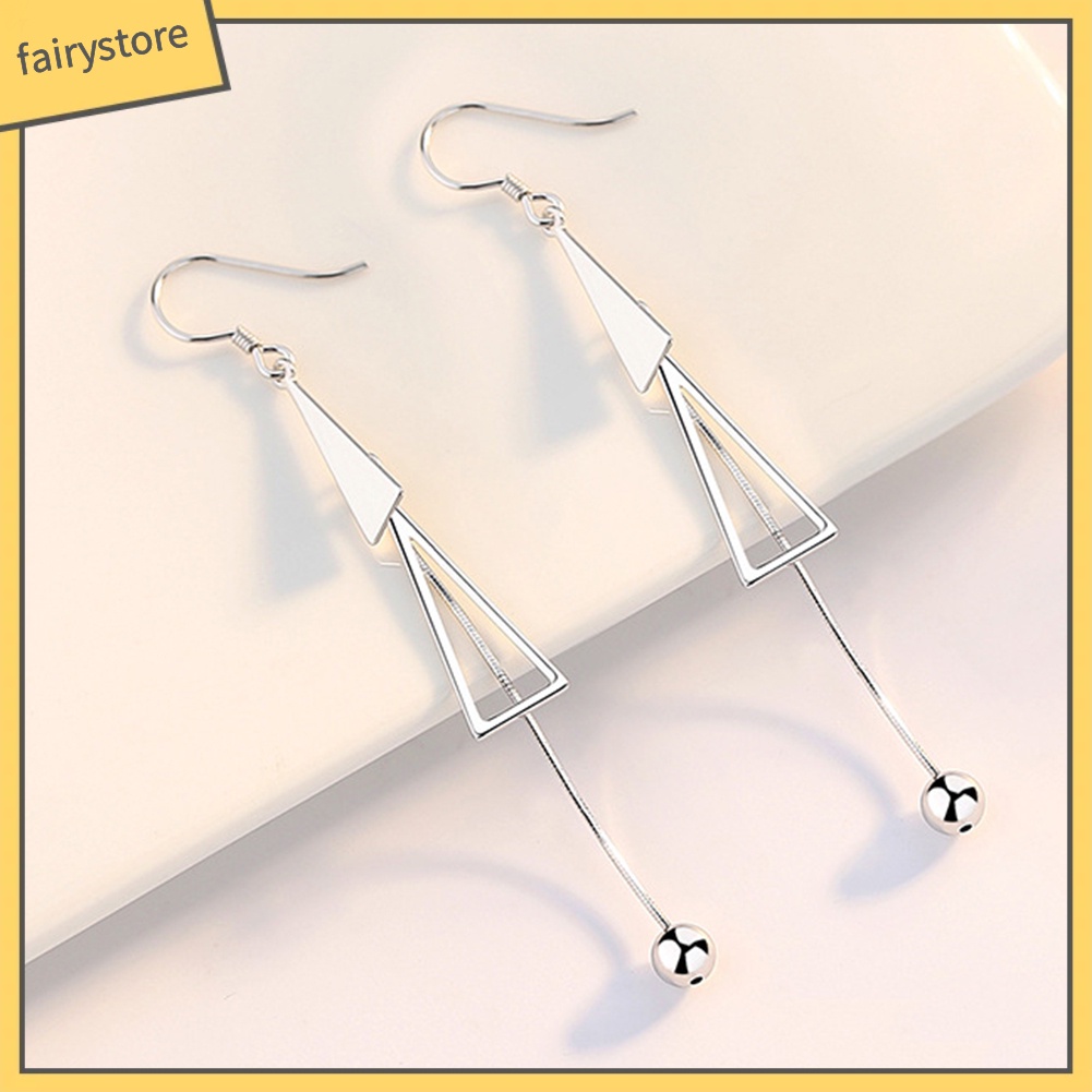 Đôi Bông Tai Hình Tam Giác Dáng Dài Gắn Hai Quả Bông Thời Trang Cho Nữ