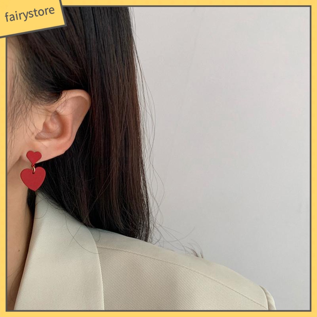 1 Đôi Bông Tai Hình Trái Tim Dáng Dài Hai Lớp Chống Mài Mòn Thời Trang Công Sở