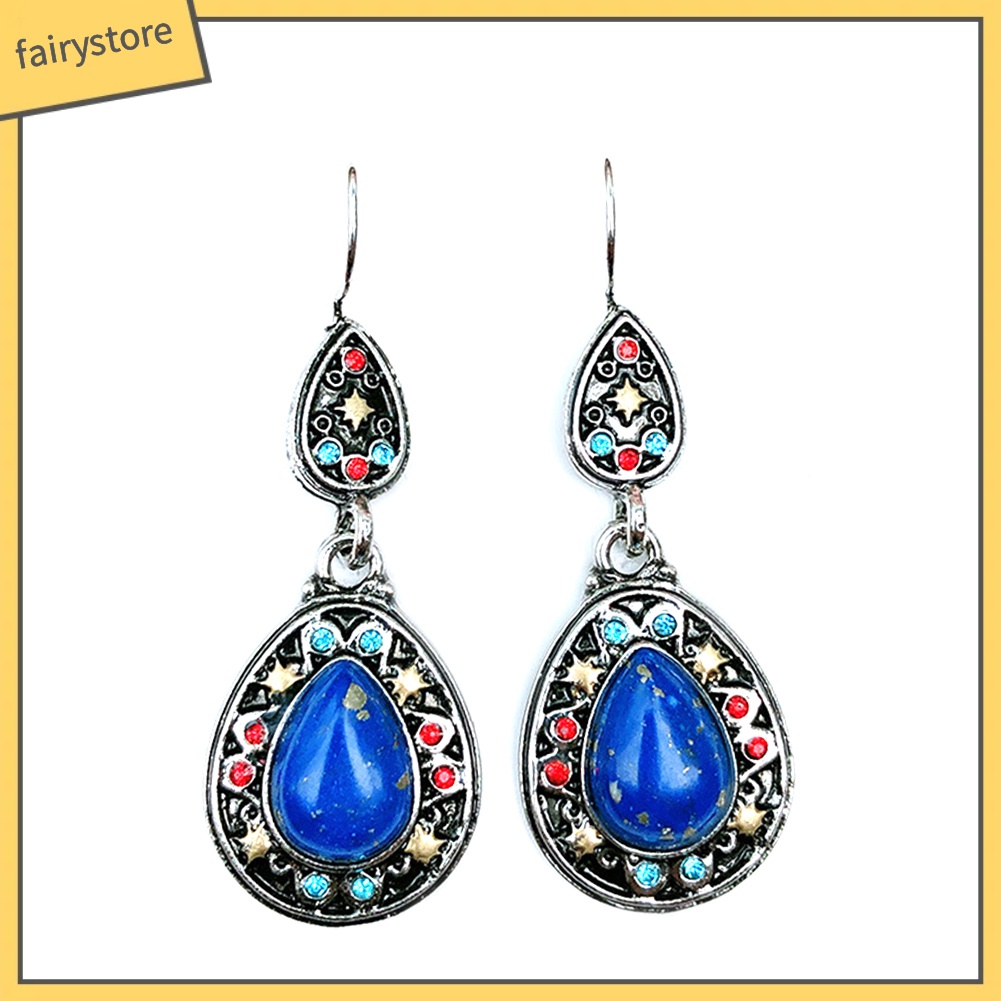 Bông Tai Hình Giọt Nước Đính Đá Ngọc Lam Giả Phong Cách Vintage Dành Cho Nữ