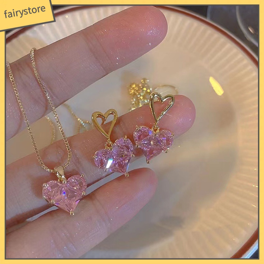 Set 1 / 1 Cặp Bông Tai / Vòng cổ Hình Trái Tim Đính Pha Lê Lấp Lánh Thời Trang Cho Nữ