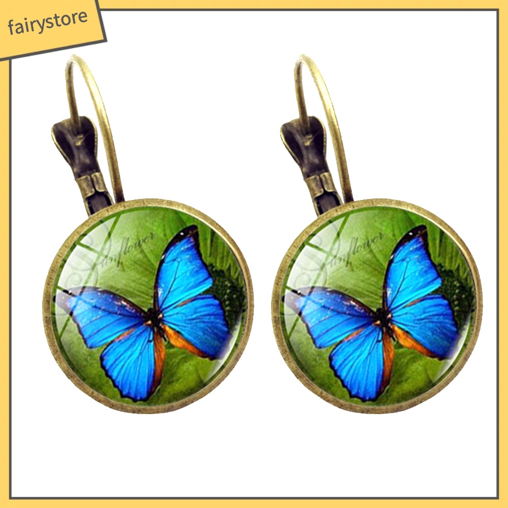 Bông Tai Tròn Mặt Kính Cabochon Hình Bướm Cổ Điển Cho Nữ