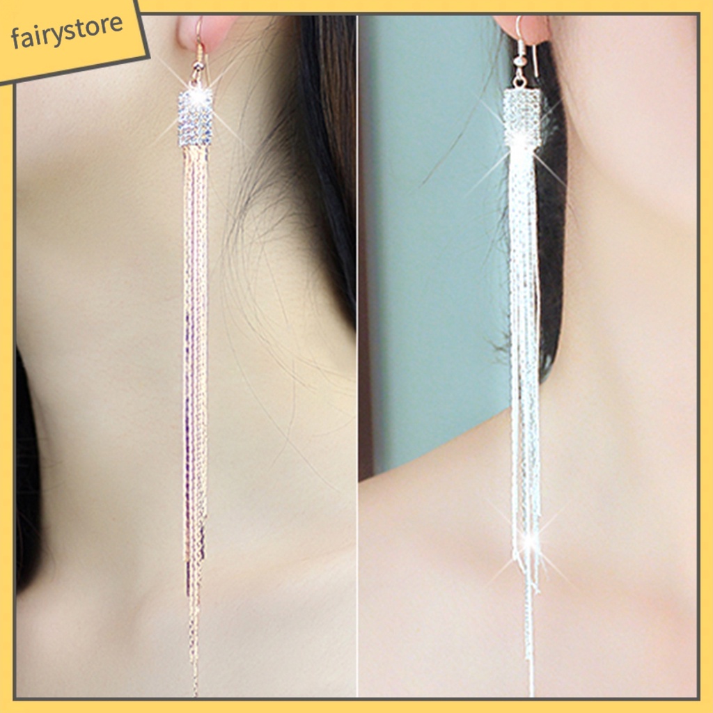 1 Cặp Bông Tai Dáng Dài Hình Vuông Đính Đá Phối Tua Rua Thời Trang Cho Nữ
